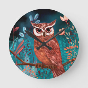 Vom Künstler handillustrierte Eule – Boho Natur Runde Wanduhr