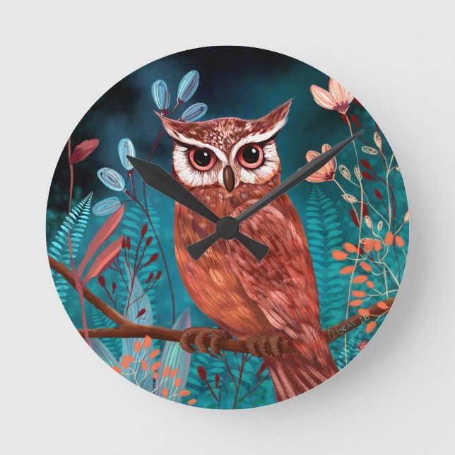 Vom Künstler handillustrierte Eule – Boho Natur Runde Wanduhr (Vorderseite)
