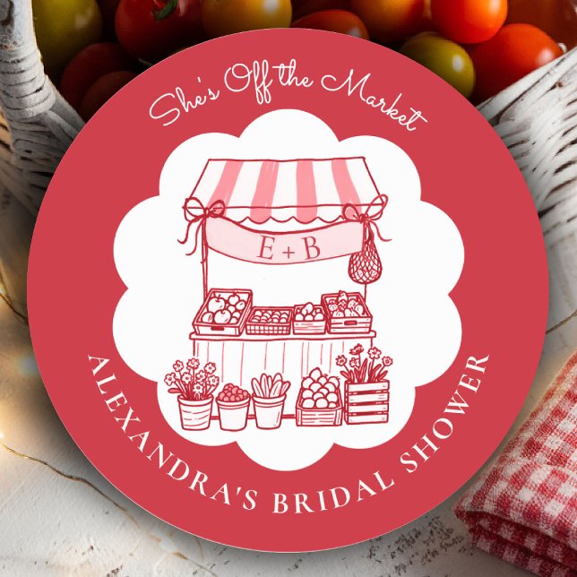 Vom Markt Bauern Rot Moderne Bridal Shower Runder Aufkleber (shes off the market bridal shower sticker red farmer stand hand drawn rustic chic outdoors picnic)