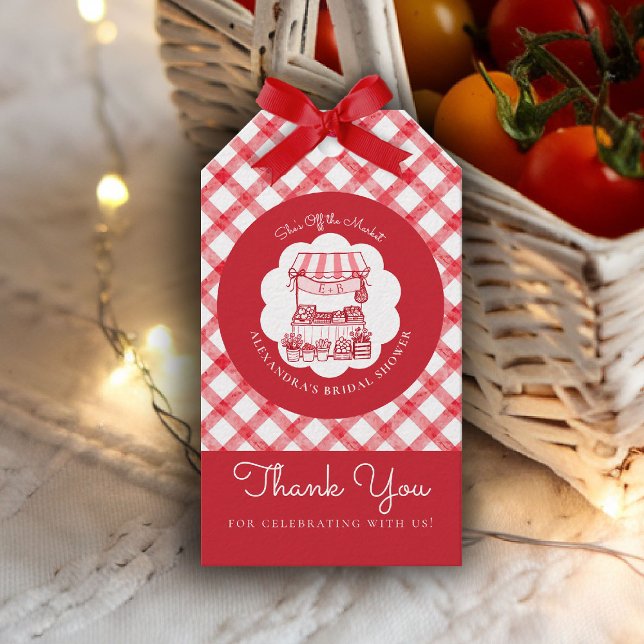 Vom Markt der Bauern Rot Moderne Bridal Shower Geschenkanhänger (shes off the market bridal shower gift tag red farmer stand hand drawn rustic chic outdoors picnic)