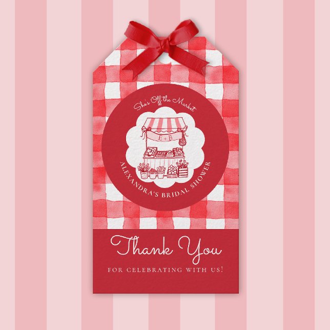 Vom Markt Landwirte Rot 2 Moderne Babyparty Geschenkanhänger (shes off the market bridal shower gift tag red farmer stand hand drawn rustic outdoors picnic)