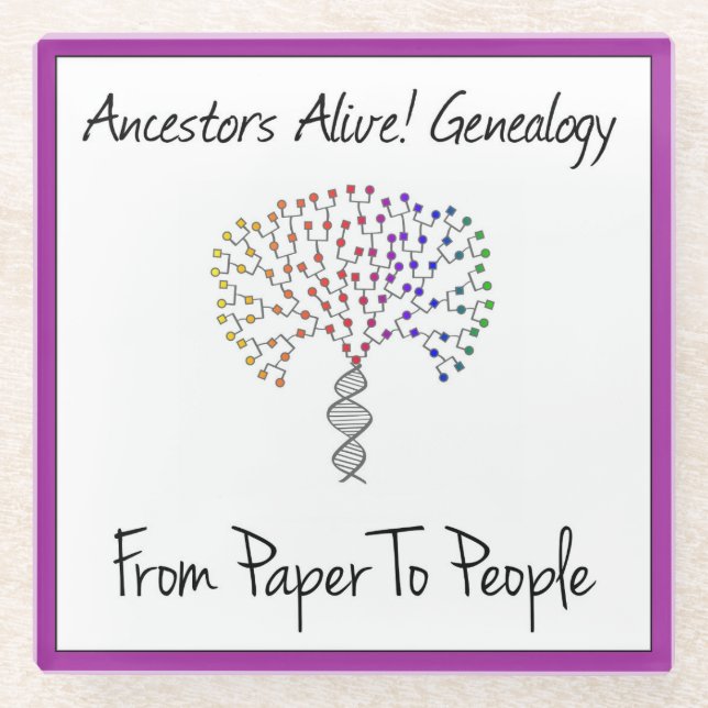 Vom Papier zum Menschen Logo, lila Glasuntersetzer (Vorderseite)