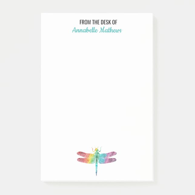 Vom Schreibtisch der Regenbogen-Aquarell-Libelle Post-it Klebezettel (Vorderseite)
