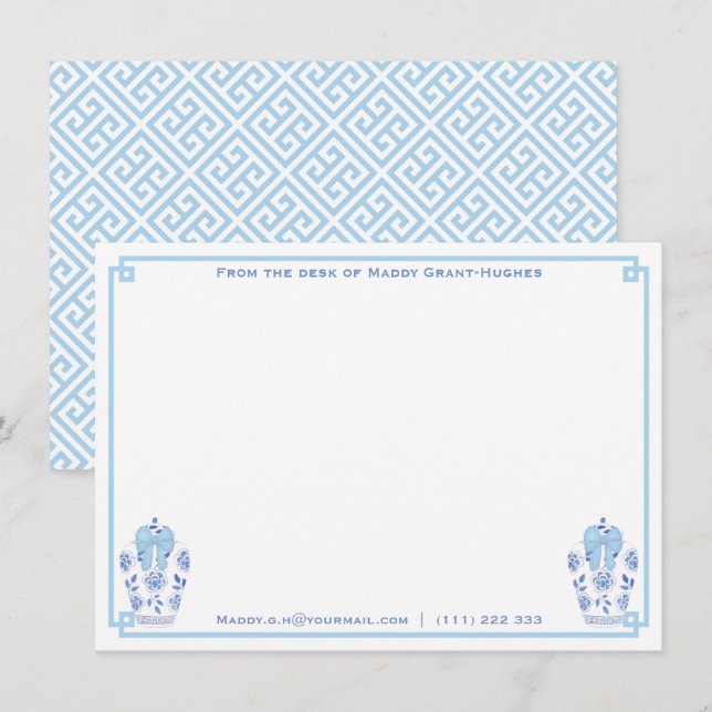 vom Schreibtisch | Ginger Jar Blue Bow Griechische Mitteilungskarte (Vorne/Hinten)