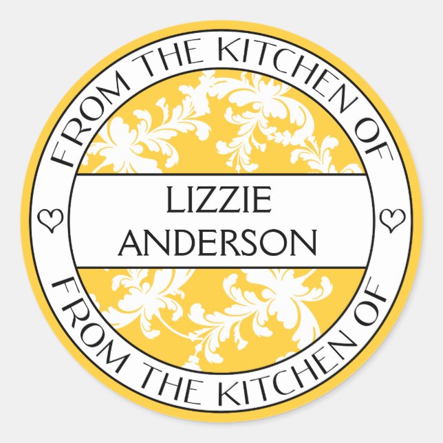 Von der Küche gelben weißen des Damastes des Runder Aufkleber (Vorderseite)