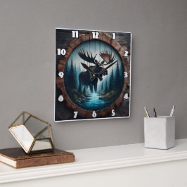 Von einem Stream Stehende Elche im Wald Quadratische Wanduhr