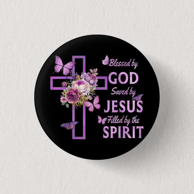 Von Gott Gerettet, gesegnet von Jesus Lila Blumenk Button (Vorderseite)