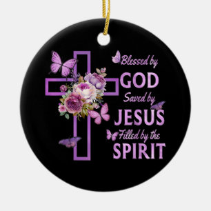 Von Gott Gerettet, gesegnet von Jesus Lila Blumenk Keramik Ornament