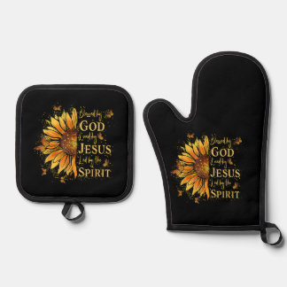 Von Gott gesegnet - von Jesus geliebt, Sonnenblume Ofenhandschuh & Topflappen-Set