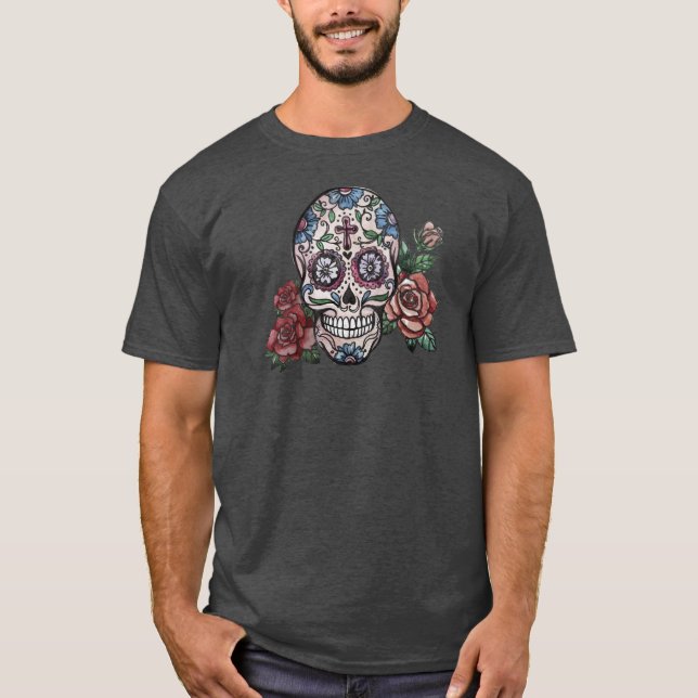Von Hand gezeichnet Blumenschädel Dia de los Muert T-Shirt (Vorderseite)