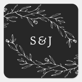 Von Hand Gezeichnet Botanisches Schwarz und Weiß Quadratischer Aufkleber