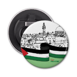 Von Hand gezeichnet Fahne Palästinas und alte Häus Flaschenöffner