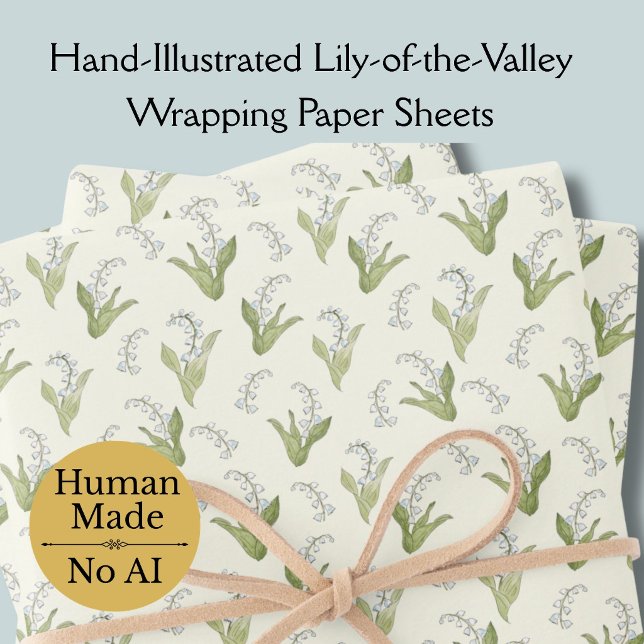 Von Hand Gezeichnet Lily of the Valley Hübscher Fr Geschenkpapier Set (This lily-of-the-valley wrapping paper features hand-drawn flowers on a cream background.)