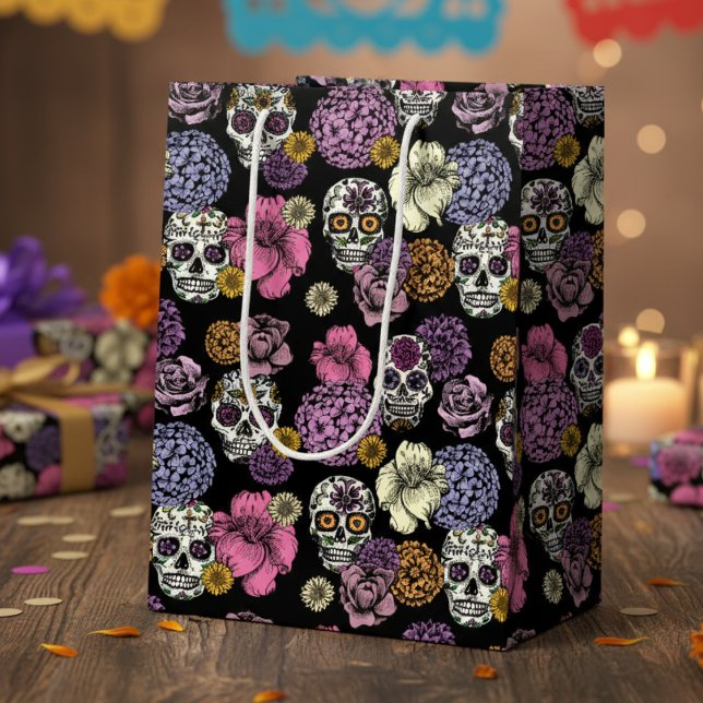 Von Hand Gezeichnet mexikanische Holiday Sugar Sku Mittlere Geschenktüte (Mexican Dia de los Muertos Sugar Skull Gift Bags. Floral Calavera Pattern for Birthday & Halloween)