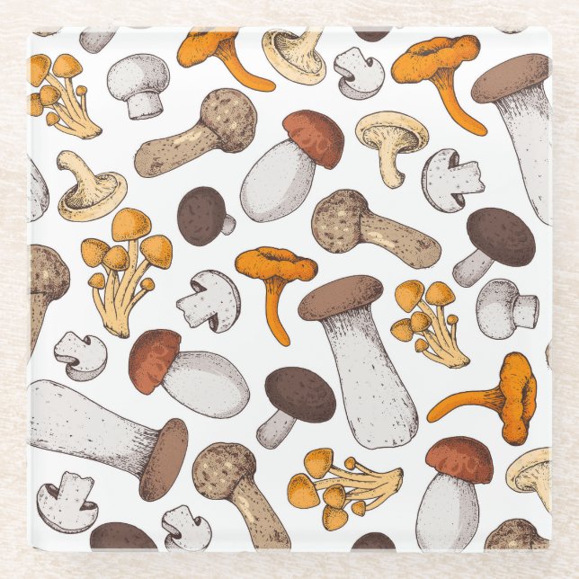 Von Hand gezeichnet Pilze: Nahrungshintergrund. Glasuntersetzer (Vorderseite)