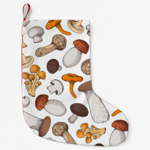 Von Hand gezeichnet Pilze: Nahrungshintergrund. Kleiner Weihnachtsstrumpf