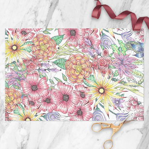 Von Hand Gezeichnet Rote Gelbe Blumen und Blätter Seidenpapier