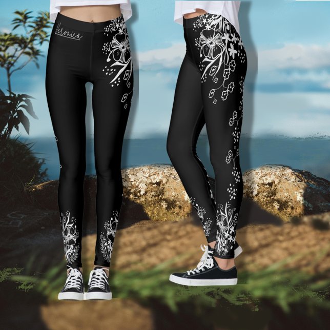 Von Hand gezeichnet Schwarz-Weiß-Blüte Leggings (Black and White Floral Pattern Leggings)