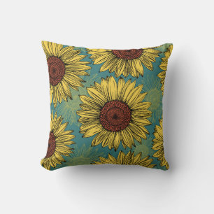 Von Hand Gezeichnet Sonnenblumen Minzblau Kissen