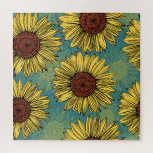 Von Hand Gezeichnet Sonnenblumen Minzblau Puzzle
