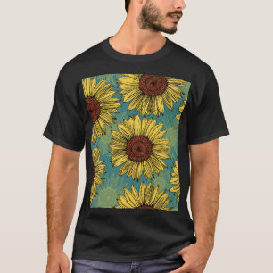 Von Hand Gezeichnet Sonnenblumen Minzblau T-Shirt