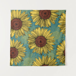 Von Hand Gezeichnet Sonnenblumen Minzblau Wandteppich