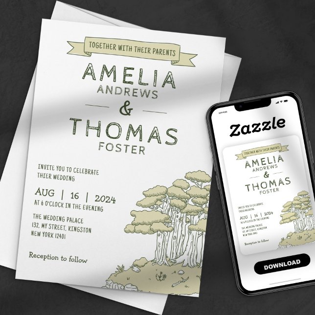 Von Hand gezeichnet Waldhochzeit im Whimsikwald Einladung (Von Creator hochgeladen)