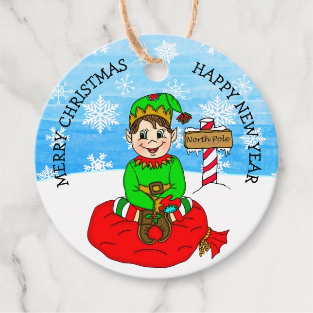 Von Hand gezeichneter Weihnachtself bis und von Ge Geschenkanhänger (Vorderseite)