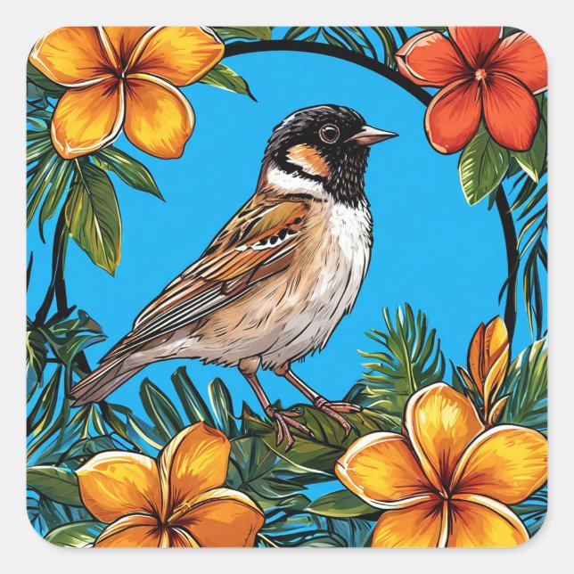 Von lebendigen Blume Gerahmter Vogel Quadratischer Aufkleber (Vorderseite)