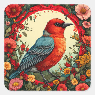Von lebendigen Blume Gerahmter Vogel Quadratischer Aufkleber