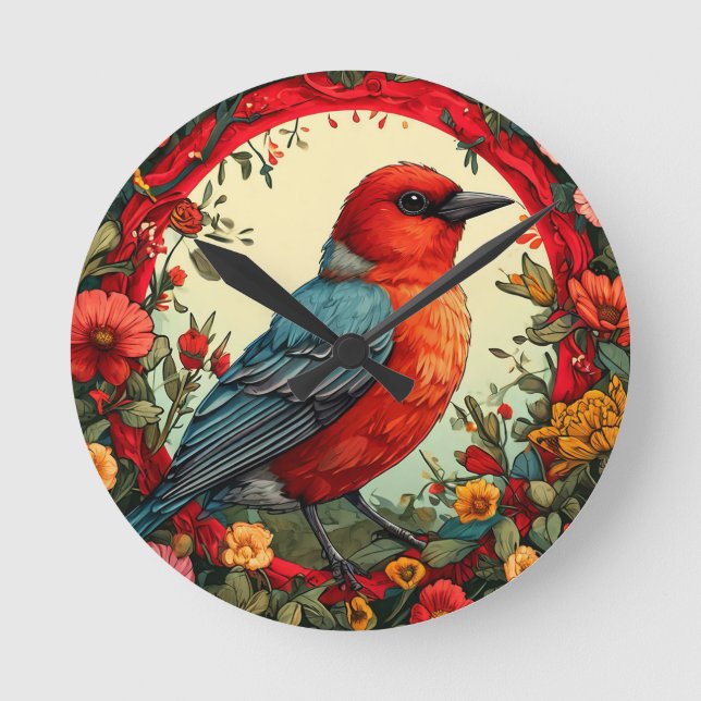 Von lebendigen Blume Gerahmter Vogel Runde Wanduhr (Vorderseite)