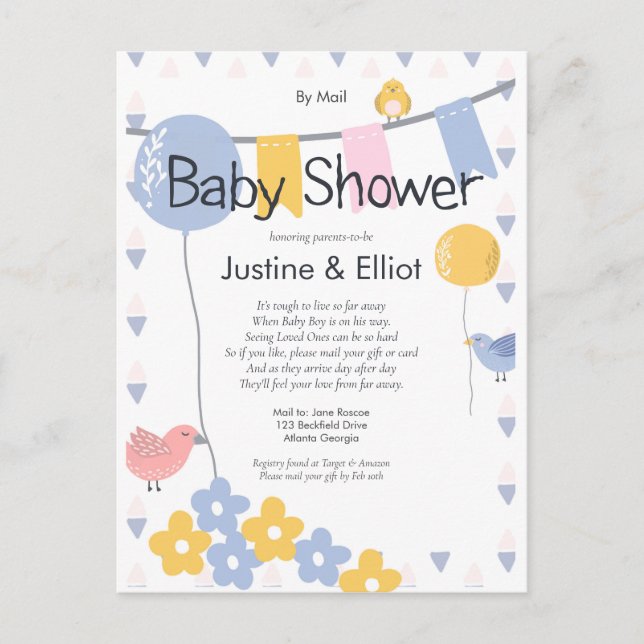 Von Mail Balloons und Birds Boy Baby Dusche Postkarte (Vorderseite)