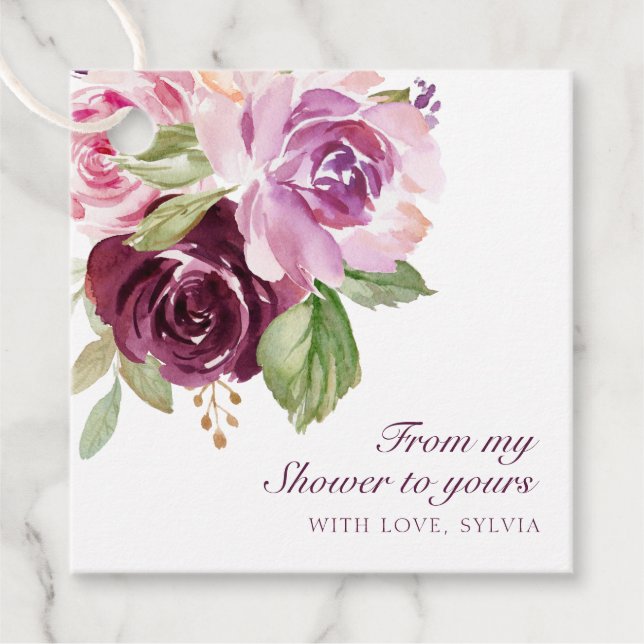 Von meiner Dusche zu deinem Brautparty Pflaumenflo Geschenkanhänger (Vorderseite)