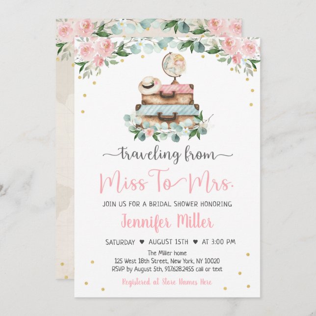 Von Miss zu Mrs. Pink Floral Travel Brautparty Einladung (Vorne/Hinten)