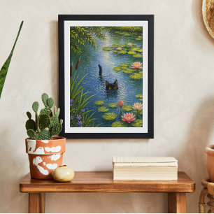 Von Monet inspirierter Wasserlilien-Katzen-Kunstpr Poster