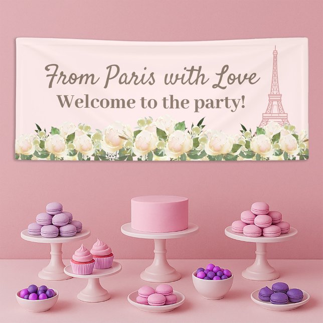 Von Paris Liebe Eiffelturm Pink White Floral Banner ("From Paris with Love" blush pink Eiffel Tower banner)
