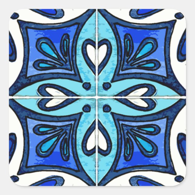 Von portugiesischer Azulejos Blue Inspiriert Herzk Quadratischer Aufkleber (Vorderseite)