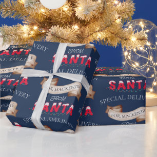 Von Santa Your Name auf Navy Blue Weihnachten Geschenkpapier
