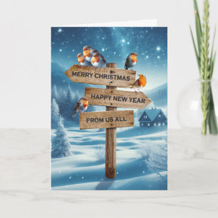 Von uns allen Weihnachtsrotkehlchen auf einem Wegw Feiertagskarte