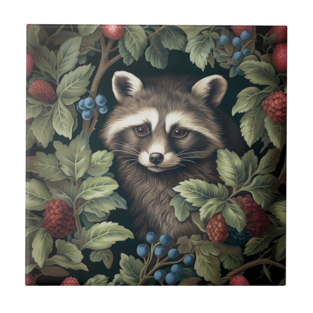 Von William Morris inspirierte Raccoon und Beeren Fliese (Vorderseite)