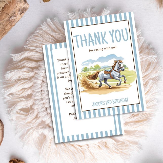 Von zwei Rennen Pferderennen zum Geburtstag Dankeskarte (Off two the races horse equestrian derby birthday party thank you cards cute racing pony boys party)