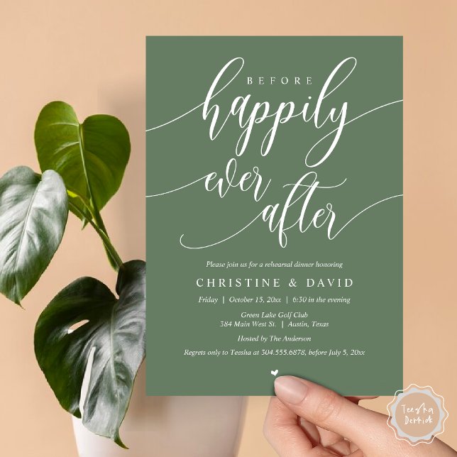 Vor dem glücklichen Ende, Probe Abendessen Einladung (Before Happily Ever After, Modern Wedding Rehearsal Dinner Invitation Card, PDF, in Sage Green)