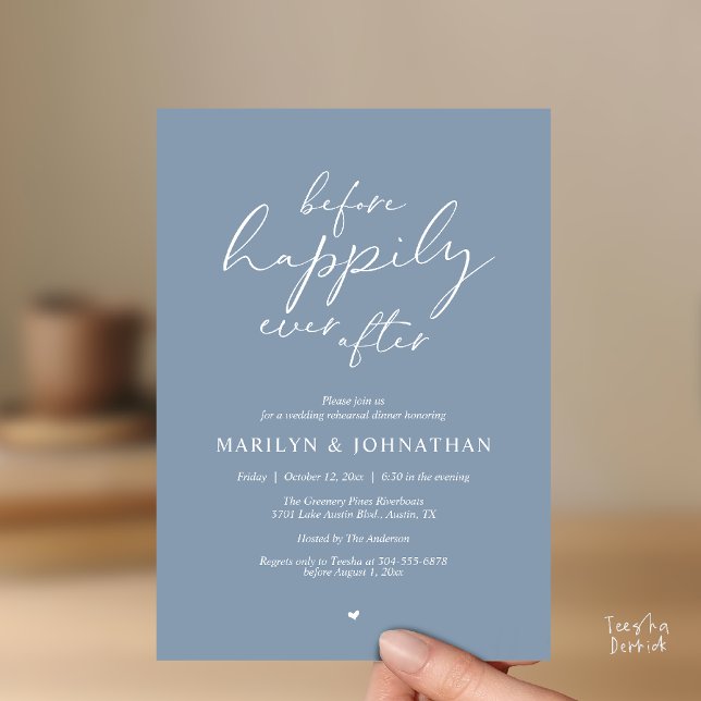 Vor dem glücklichen Ende, Romantische Probe Einladung (Before Happily Ever After, Modern Romantic Rehearsal Dinner Invitation Card in Dusty Blue)