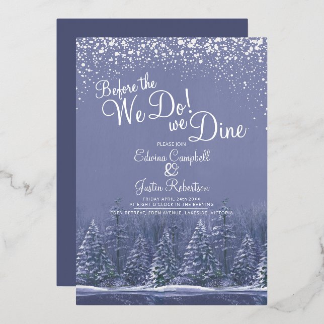 Vor dem Winter Hochzeitsbäume See blau Folieneinladung (Vorderseite/Rückseite)