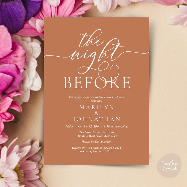 Vorabend, klassisches Hochzeitessen Probe Einladung (The Night Before, Classy Romantic Wedding Rehearsal Dinner Party Invitation Card PDF in Copper Brown)