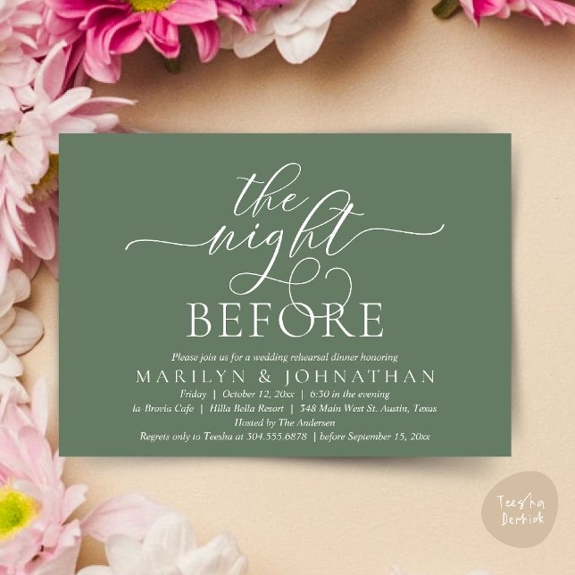 Vorabend, klassisches Hochzeitessen Probe Einladung (The Night Before, Classy Romantic Wedding Rehearsal Dinner Party Invitation Card PDF in Sage Green)