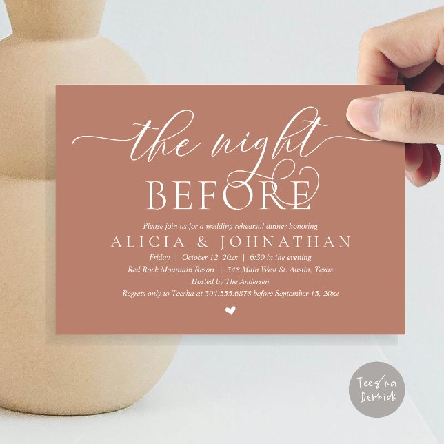 Vorabend, klassisches Hochzeitessen Probe Einladung (The Night Before, Classy Romantic Wedding Rehearsal Dinner Invitation Card, PDF, Terracotta Brown)