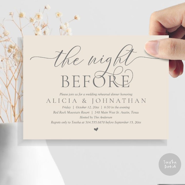 Vorabend, klassisches Hochzeitessen Probe Einladung (The Night Before, Wedding Rehearsal Dinner Invitation Card, PDF, Cream Grey)