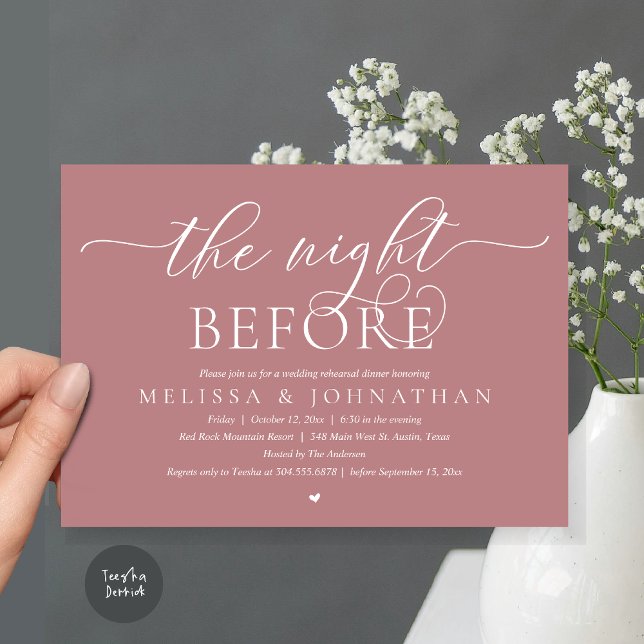 Vorabend, klassisches Hochzeitessen Probe Einladung (The Night Before, Modern Wedding Rehearsal Dinner Romance Invitation Card, PDF, Dusty Rose Pink)