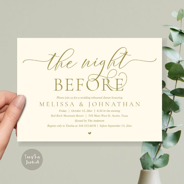 Vorabend, klassisches Hochzeitessen Probe Einladung (The Night Before, Modern Wedding Rehearsal Dinner Romance Invitation Card, PDF, Yellow Gold)